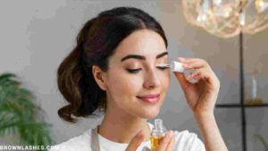 Illustration of a woman applying homemade lash serum, highlighting gentle care for sensitive eyes.
