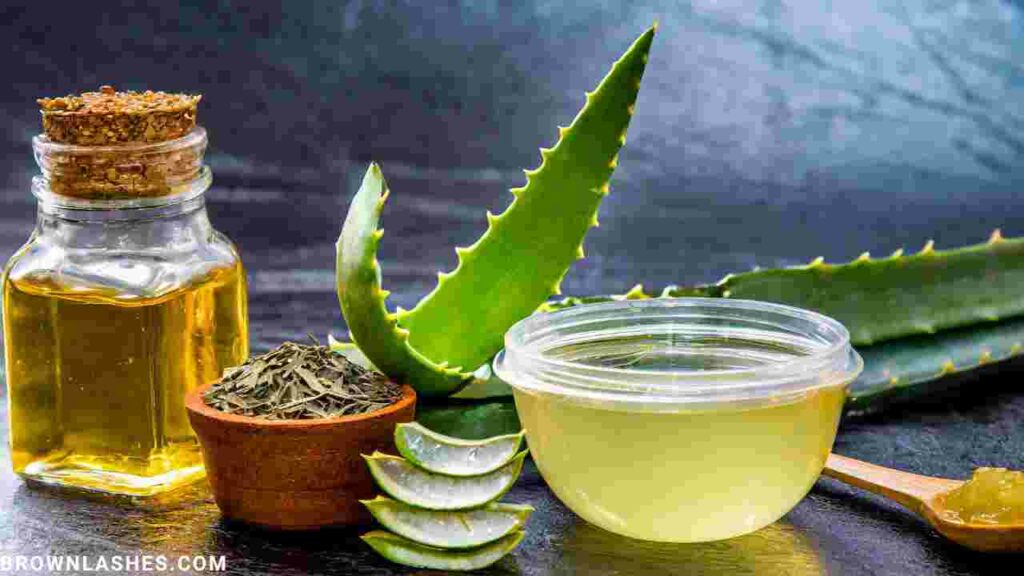 Picture of a woman gently applying aloe vera gel to her eyelashes, showcasing a natural remedy for enhancing flexibility."